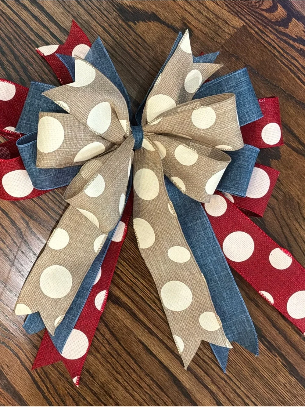 Polka Dot Layered Decorative Bow in Red, Blue, and Tan